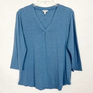 Orvis Linen Blend 3/4 Sleeve V-Neck Blue Top Size L